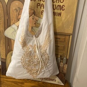 Hobo Tote Bag White with Embroidery and Beading in Champagne/Tan
